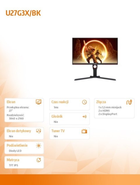 Monitor U27G3X 27 cali IPS 4K 160Hz HDMIx2 DPx2 Pivot Monitor U27G3X 27 cali IPS 4K 160Hz HDMIx2 DPx2 Pivot