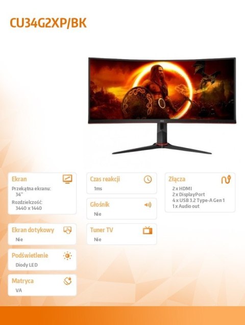 Monitor zakrzywiony CU34G2XP 34 cale VA 180Hz HDMIx2 DPx2 Monitor zakrzywiony CU34G2XP 34 cale VA 180Hz HDMIx2 DPx2
