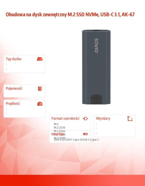 Obudowa na dysk zewnętrzny M.2 SSD NVMe, USB-C 3.1, AK-67 Obudowa na dysk zewnętrzny M.2 SSD NVMe, USB-C 3.1, AK-67