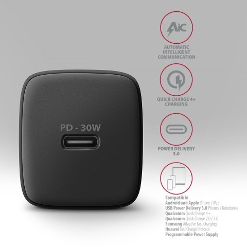 ACU-PD30 Ładowarka sieciowa PD 30W, 1x port USB-C, PD3.0/QC3.0/AFC/FCP/Apple Czarna ACU-PD30 Ładowarka sieciowa PD 30W, 1x port USB-C, PD3.0/QC3.0/AFC/FCP/Apple Czarna