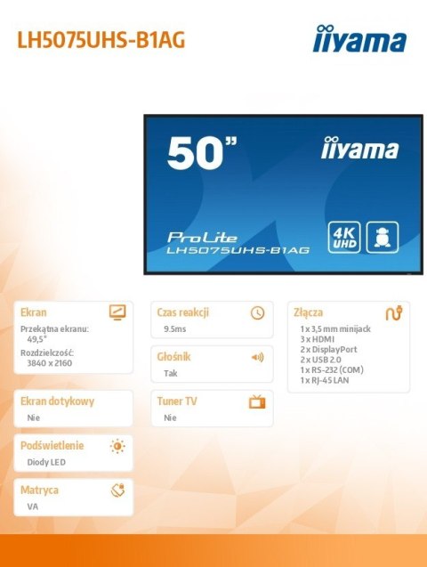 Monitor 50 cali LH5075UHS-B1AG,24/7,VA,ANDROID.11,4K,3xHDMI,DP,RJ45, 2xUSB,2x10W Monitor 50 cali LH5075UHS-B1AG,24/7,VA,ANDROID.11,4K,3xHDMI,DP,RJ45, 2xUSB,2x10W