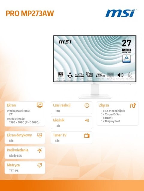 Monitor PRO MP273AW 27 cali LED/FHD/Flat/100Hz/White Monitor PRO MP273AW 27 cali LED/FHD/Flat/100Hz/White