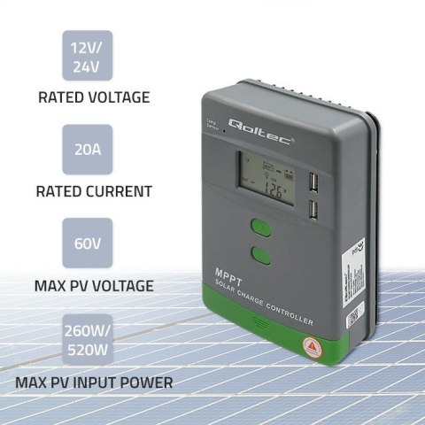 Solarny regulator ładowania MPPT z czujnikiem temperatury 20A | 12V / 24V | LCD | 2 x USB Solarny regulator ładowania MPPT z czujnikiem temperatury 20A | 12V / 24V | LCD | 2 x USB