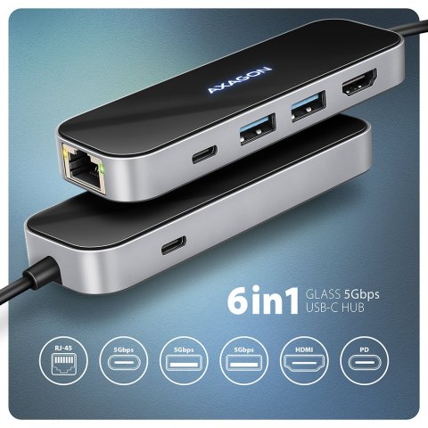 HMC-6GLN Wieloportowy hub USB 6in1, 5Gbps, 2xUSB-A, 1x USB-C, GLAN, HDMI 4K/60Hz, PD 100W, 20cm USB-C kabel HMC-6GLN Wieloportowy hub USB 6in1, 5Gbps, 2xUSB-A, 1x USB-C, GLAN, HDMI 4K/60Hz, PD 100W, 20cm USB-C kabel