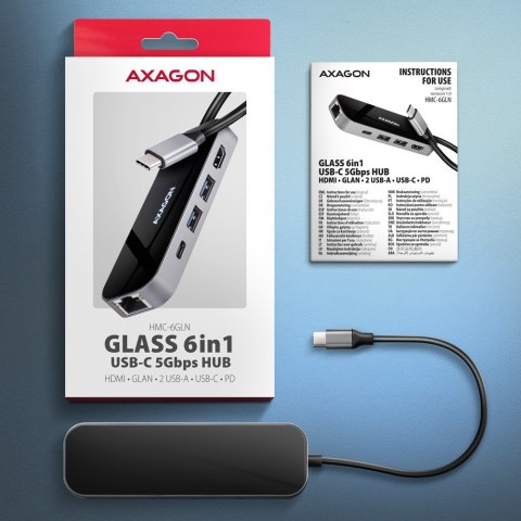 HMC-6GLN Wieloportowy hub USB 6in1, 5Gbps, 2xUSB-A, 1x USB-C, GLAN, HDMI 4K/60Hz, PD 100W, 20cm USB-C kabel HMC-6GLN Wieloportowy hub USB 6in1, 5Gbps, 2xUSB-A, 1x USB-C, GLAN, HDMI 4K/60Hz, PD 100W, 20cm USB-C kabel