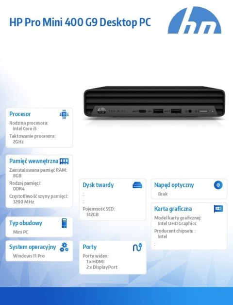 Komputer Pro 400 Mini G9 i5-12500T 512GB/8GB/W11P 885H7EA Komputer Pro 400 Mini G9 i5-12500T 512GB/8GB/W11P 885H7EA