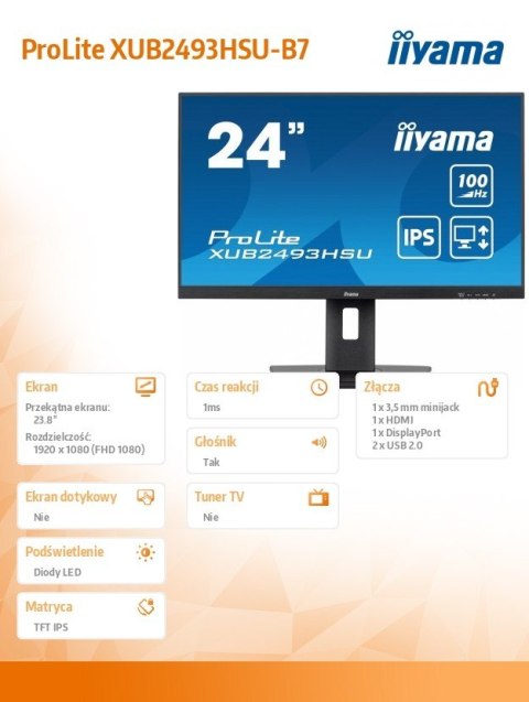 Monitor 24 cale XUB2493HSU-B7,IPS.HDMI.DP.2x2W.USBx2,300cd Monitor 24 cale XUB2493HSU-B7,IPS.HDMI.DP.2x2W.USBx2,300cd