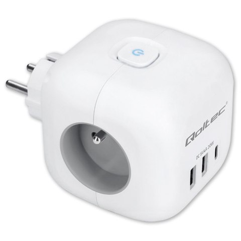 Kostka zasilająca przedłużacz 6w1 z podświetlanym włącznikiem | 3x AC | 2x USB | 1x USB-C PD 20W | biała Kostka zasilająca przedłużacz 6w1 z podświetlanym włącznikiem | 3x AC | 2x USB | 1x USB-C PD 20W | biała