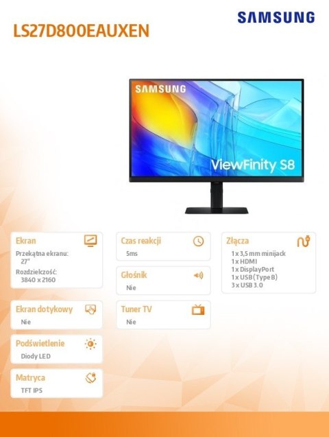 Monitor 27 cali ViewFinity S80D IPS 3840x2160 UHD 16:9 1xHDMI 1xDP 3xUSB 3.0 5ms PinP/PbyP 60Hz HAS+PIVOT płaski 3YOn-Site Monitor 27 cali ViewFinity S80D IPS 3840x2160 UHD 16:9 1xHDMI 1xDP 3xUSB 3.0 5ms PinP/PbyP 60Hz HAS+PIVOT płaski 3YOn-Site