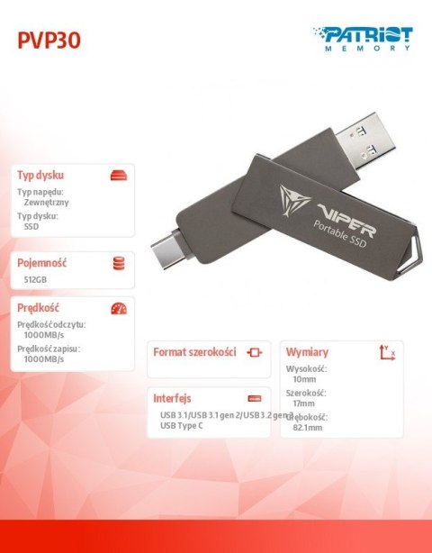 Dysk zewnętrzny SSD 512GB PVP30 Duo Compact 1000/1000 MB/s USB 3.2 USB-C Dysk zewnętrzny SSD 512GB PVP30 Duo Compact 1000/1000 MB/s USB 3.2 USB-C