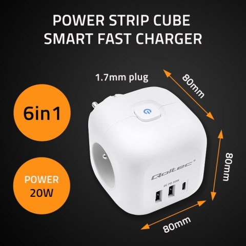 Kostka zasilająca przedłużacz 6w1 z podświetlanym włącznikiem | 3x AC | 2x USB | 1x USB-C PD 20W | biała Kostka zasilająca przedłużacz 6w1 z podświetlanym włącznikiem | 3x AC | 2x USB | 1x USB-C PD 20W | biała