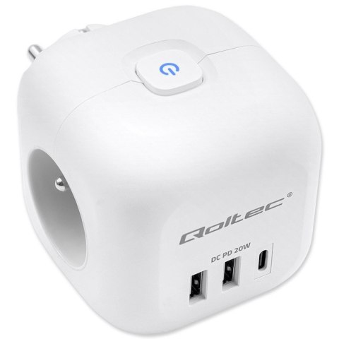 Kostka zasilająca przedłużacz 6w1 z podświetlanym włącznikiem | 3x AC | 2x USB | 1x USB-C PD 20W | biała Kostka zasilająca przedłużacz 6w1 z podświetlanym włącznikiem | 3x AC | 2x USB | 1x USB-C PD 20W | biała