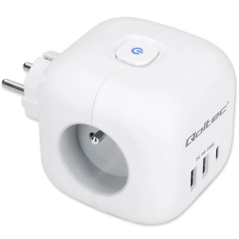 Kostka zasilająca przedłużacz 6w1 z podświetlanym włącznikiem | 3x AC | 2x USB | 1x USB-C PD 20W | biała Kostka zasilająca przedłużacz 6w1 z podświetlanym włącznikiem | 3x AC | 2x USB | 1x USB-C PD 20W | biała