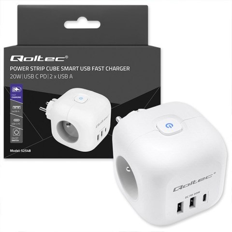 Kostka zasilająca przedłużacz 6w1 z podświetlanym włącznikiem | 3x AC | 2x USB | 1x USB-C PD 20W | biała Kostka zasilająca przedłużacz 6w1 z podświetlanym włącznikiem | 3x AC | 2x USB | 1x USB-C PD 20W | biała