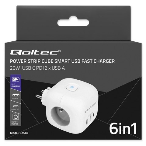 Kostka zasilająca przedłużacz 6w1 z podświetlanym włącznikiem | 3x AC | 2x USB | 1x USB-C PD 20W | biała Kostka zasilająca przedłużacz 6w1 z podświetlanym włącznikiem | 3x AC | 2x USB | 1x USB-C PD 20W | biała