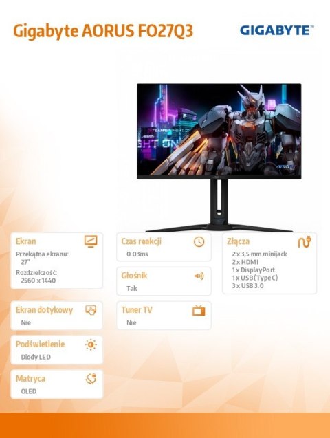 Monitor 27 cali FO27Q3 OLED 0,03/USB-C/HDMI/DP Monitor 27 cali FO27Q3 OLED 0,03/USB-C/HDMI/DP