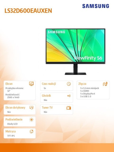Monitor 32 cale ViewFinity S60D IPS 2560x1440 WQHD 16:9 1xHDMI 1xDP 3xUSB 3.0 5ms PinP/PbyP 100Hz HAS+PIV płaski 3YOn-Site Monitor 32 cale ViewFinity S60D IPS 2560x1440 WQHD 16:9 1xHDMI 1xDP 3xUSB 3.0 5ms PinP/PbyP 100Hz HAS+PIV płaski 3YOn-Site