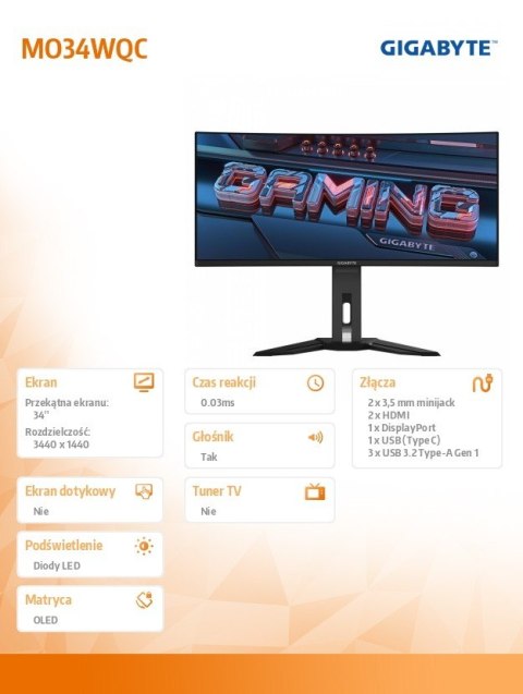 Monitor 34 cale MO34WQC OLED WQHD 2xHDMI DP USB-C Monitor 34 cale MO34WQC OLED WQHD 2xHDMI DP USB-C