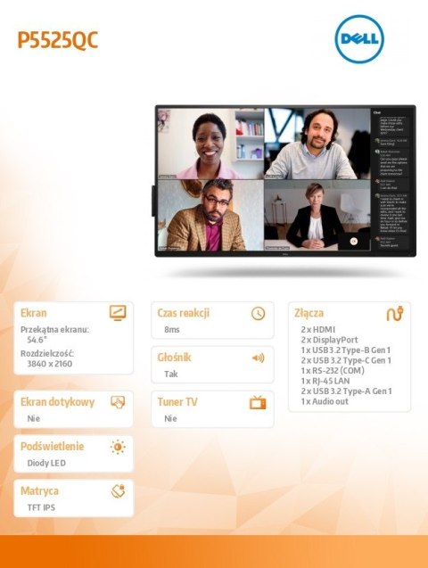 Monitor 54.6 cala P5525QC IPS 4K UHD/16:9/HDMI/DP/USB-C/RS232/USB/RJ45/Speakers/3Y Monitor 54.6 cala P5525QC IPS 4K UHD/16:9/HDMI/DP/USB-C/RS232/USB/RJ45/Speakers/3Y