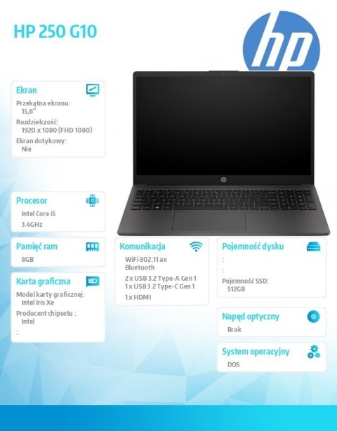 Notebook 250 G10 i5-1334U DOS 512GB/8GB/15.6 cali AK9P9AT#ABB Notebook 250 G10 i5-1334U DOS 512GB/8GB/15.6 cali AK9P9AT#ABB