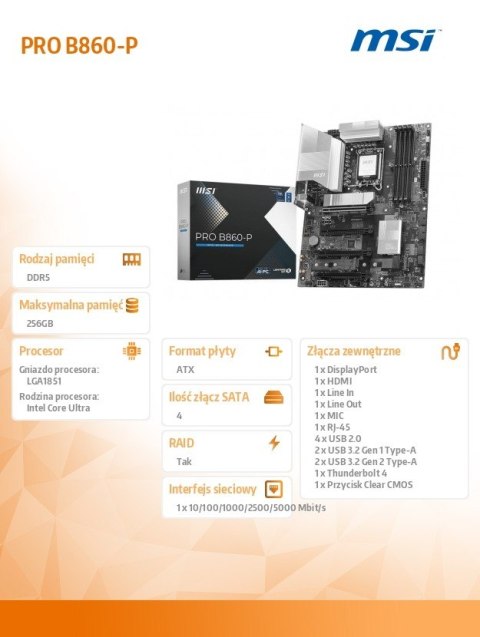 Płyta główna PRO B860-P s1851 4DDR5 ATX Płyta główna PRO B860-P s1851 4DDR5 ATX