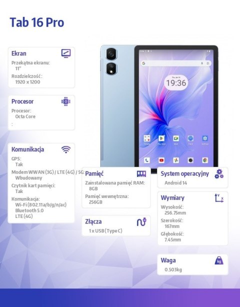 Tablet TAB 16 Pro LTE 11 cali 8/256GB 7700 mAh Niebieski Tablet TAB 16 Pro LTE 11 cali 8/256GB 7700 mAh Niebieski