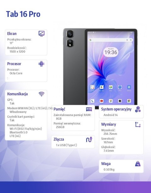 Tablet TAB 16 Pro LTE 11 cali 8/256GB 7700 mAh Szary Tablet TAB 16 Pro LTE 11 cali 8/256GB 7700 mAh Szary