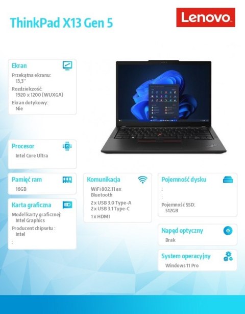 Ultrabook ThinkPad X13 G5 21LU000QPB W11Pro Ultra 5 125U/16GB/512GB/INT/13.3 WUXGA/Black/3YRS Premier Support + CO2 Offset Ultrabook ThinkPad X13 G5 21LU000QPB W11Pro Ultra 5 125U/16GB/512GB/INT/13.3 WUXGA/Black/3YRS Premier Support + CO2 Offset