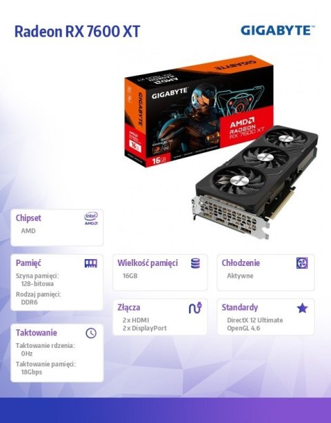 Karta graficzna Radeon RX 7600 XT GAMING OC 16G GDDR6 128bit 2DP/2HDMI Karta graficzna Radeon RX 7600 XT GAMING OC 16G GDDR6 128bit 2DP/2HDMI