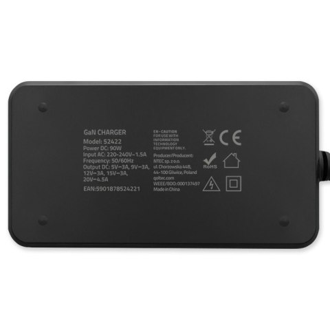 Ładowarka sieciowa 90W GaN Fast SLIM | PD | 5-20V | 4.5A | USB-C 3.1 | Laptop | MacBook | Smartfon | +kabel