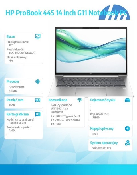 Notebook ProBook 445 G11 Ryzen 5 7535U 512GB/16GB/W11P/14.0 A38DRET Notebook ProBook 445 G11 Ryzen 5 7535U 512GB/16GB/W11P/14.0 A38DRET