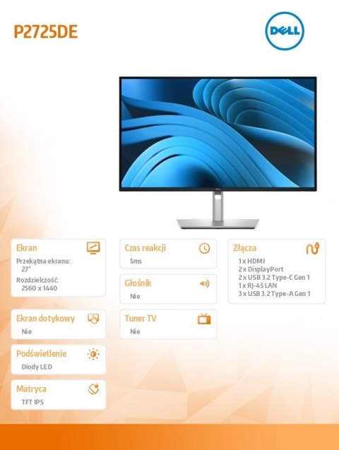 Monitor 27 cali P2725DE IPS QHD LED/RJ45/HDMI/DP/USBC/3Y Monitor 27 cali P2725DE IPS QHD LED/RJ45/HDMI/DP/USBC/3Y