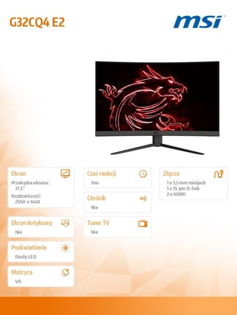 Monitor 31.5 cali G32CQ4 E2 Curved/LED/WQHD/170Hz Monitor 31.5 cali G32CQ4 E2 Curved/LED/WQHD/170Hz