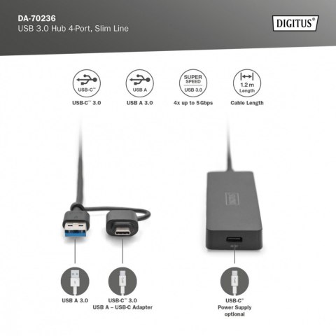 Hub USB 3.0/Koncentrator 4-portowy SlimLine USB A + adapter USB-C 1,2m 5Gbps, złącze zasilania USB-C