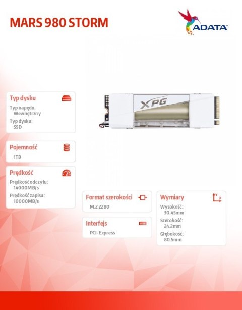Dysk SSD XPG MARS 980 STORM 1TB PCIe 5x4 14/10 GB/s Dysk SSD XPG MARS 980 STORM 1TB PCIe 5x4 14/10 GB/s