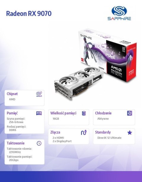 Karta graficzna Radeon RX 9070 PURE 16GB OC GDDR6 256bit 2DP/2HDMI Karta graficzna Radeon RX 9070 PURE 16GB OC GDDR6 256bit 2DP/2HDMI