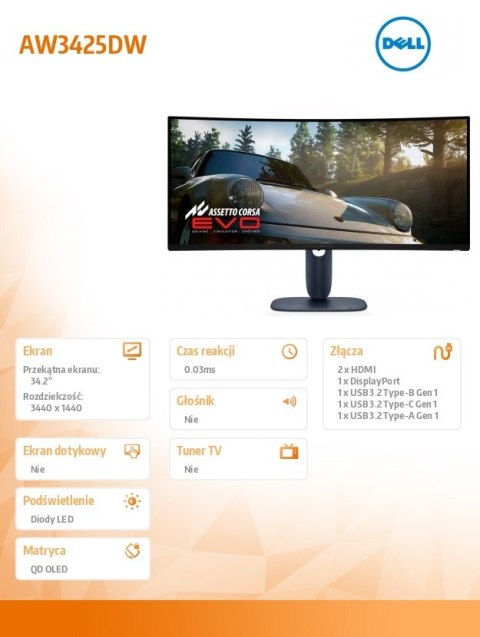 Monitor AW3425DW 34.2 Curved AMD FreeSync QD-OLED 240Hz WQHD (3440x1440)/21:9/1xDP/2xHDMI/1xUSB 3.2/1xUSB-C/3Y AES&PPE Monitor AW3425DW 34.2 Curved AMD FreeSync QD-OLED 240Hz WQHD (3440x1440)/21:9/1xDP/2xHDMI/1xUSB 3.2/1xUSB-C/3Y AES&PPE