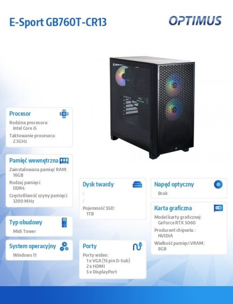 Komputer E-Sport GB760T-CR17 i5-14400F/16GB/1TB/RTX 5060 8GB/W11 Komputer E-Sport GB760T-CR17 i5-14400F/16GB/1TB/RTX 5060 8GB/W11