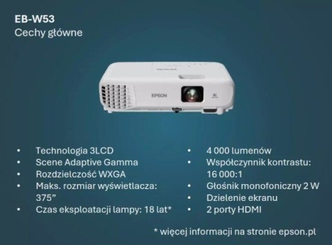 Projektor EB-W53 3LCD/WXGA/4000L/16k:1/HDMI Projektor EB-W53 3LCD/WXGA/4000L/16k:1/HDMI
