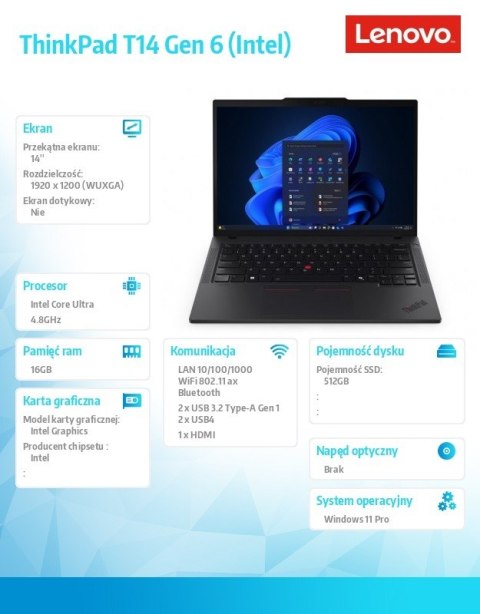 Ultrabook ThinkPad T14 G6 21QC002YPB W11Pro Ultra 5 225U/16GB/512GB/INT/14.0 WUXGA/Black/3YRS Premier Support + CO2 Offset Ultrabook ThinkPad T14 G6 21QC002YPB W11Pro Ultra 5 225U/16GB/512GB/INT/14.0 WUXGA/Black/3YRS Premier Support + CO2 Offset