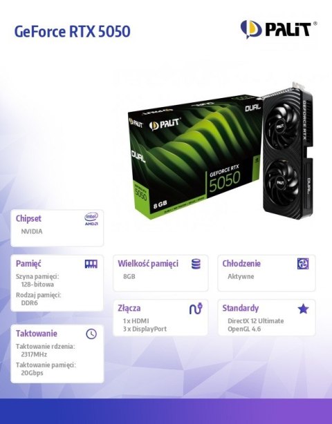 Karta graficzna GeForce RTX 5050 DUAL 8GB GDDR6 128bit 3DP/HDMI Karta graficzna GeForce RTX 5050 DUAL 8GB GDDR6 128bit 3DP/HDMI