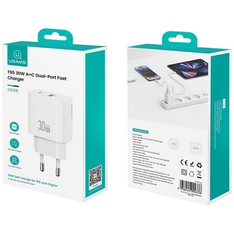Ładowarka sieciowa 30W 1xUSB-C 1xUSB-A Fast charging Biała Ładowarka sieciowa 30W 1xUSB-C 1xUSB-A Fast charging Biała