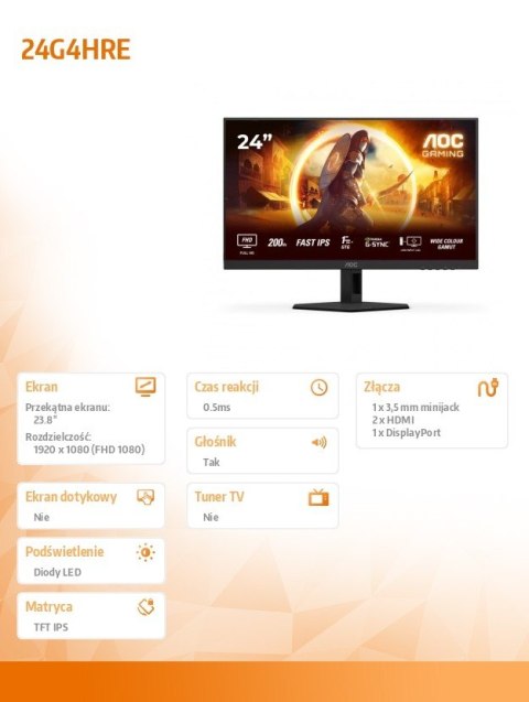 Monitor 24G4HRE 23.8 cala Fast IPS 200Hz HDMIx2 DP Głośniki Monitor 24G4HRE 23.8 cala Fast IPS 200Hz HDMIx2 DP Głośniki