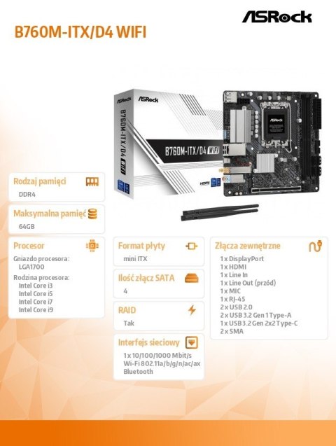 Płyta główna B760M-ITX D4 WIFI s1700 2DDR4 mITX M.2 USB-C Płyta główna B760M-ITX D4 WIFI s1700 2DDR4 mITX M.2 USB-C
