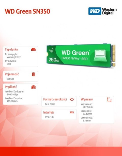 Dysk SSD Green 250GB M.2 2280 SN350 NVMe PCIe Dysk SSD Green 250GB M.2 2280 SN350 NVMe PCIe
