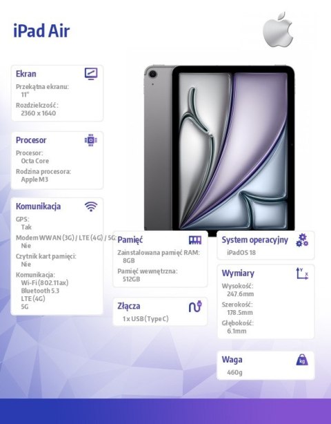 IPad Air 11 cali WiFi + Cellular 512GB Szary