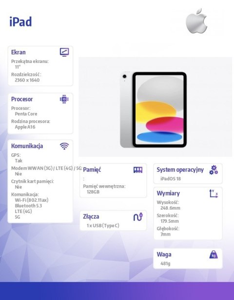 IPad WiFi + Cellular 11 cali 128GB Srebrny