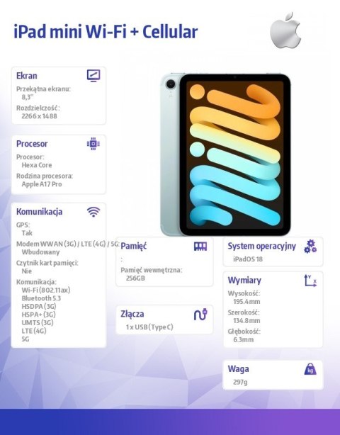 IPad mini Wi-Fi + Cellular 256GB Niebieski