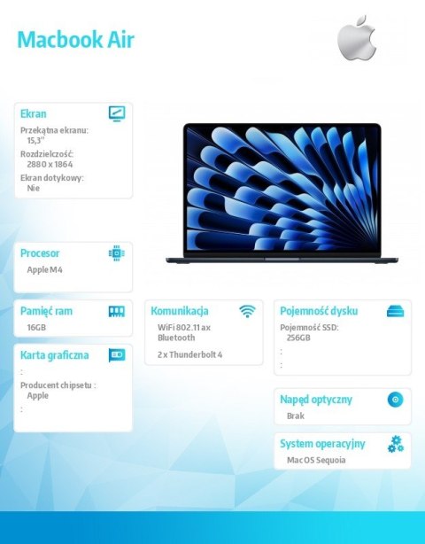 MacBook Air 15.3 cala: M4 10/10, 16GB, 256GB - Północ