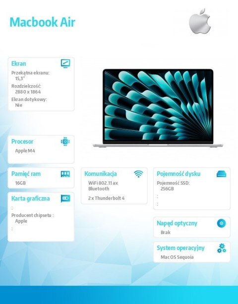 MacBook Air 15.3 cala: M4 10/10, 16GB, 256GB - Srebrny